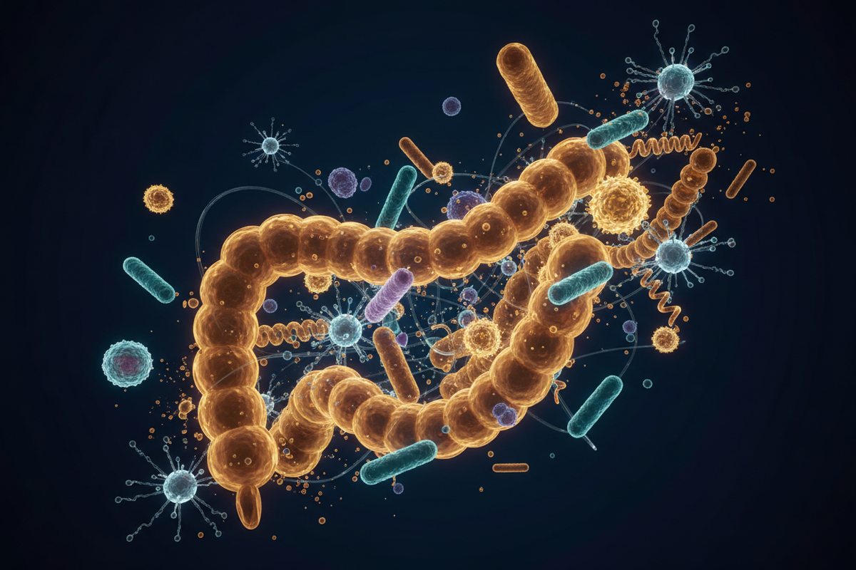 Fecal Microbiota Transplant — luminous diverse gut microbiome ecosystem with microbial colonies and immune cell interactions