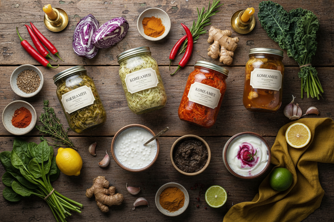 Artisan fermented foods including sauerkraut, kimchi, kefir, kombucha, miso, and yogurt in glass jars on a rustic wooden surface