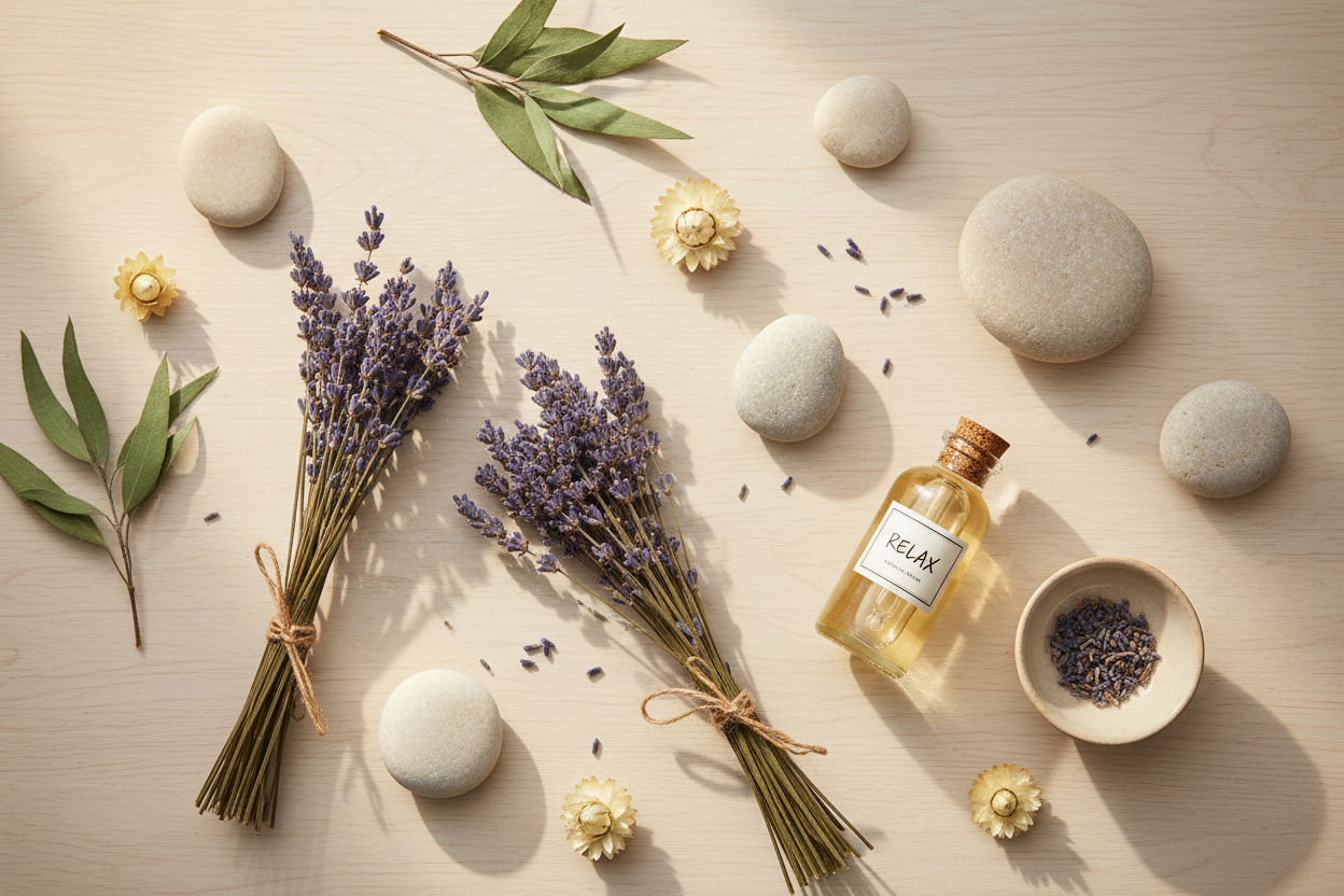 avender sprigs, smooth stones, and soft botanicals in muted lavender, warm cream, and sage green