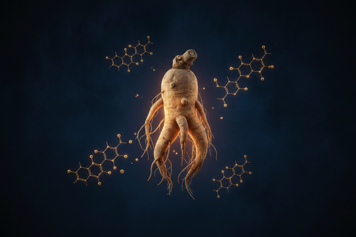 Aged Panax ginseng root with forked human-like shape glowing in amber light with luminous ginsenoside structures on dark navy background