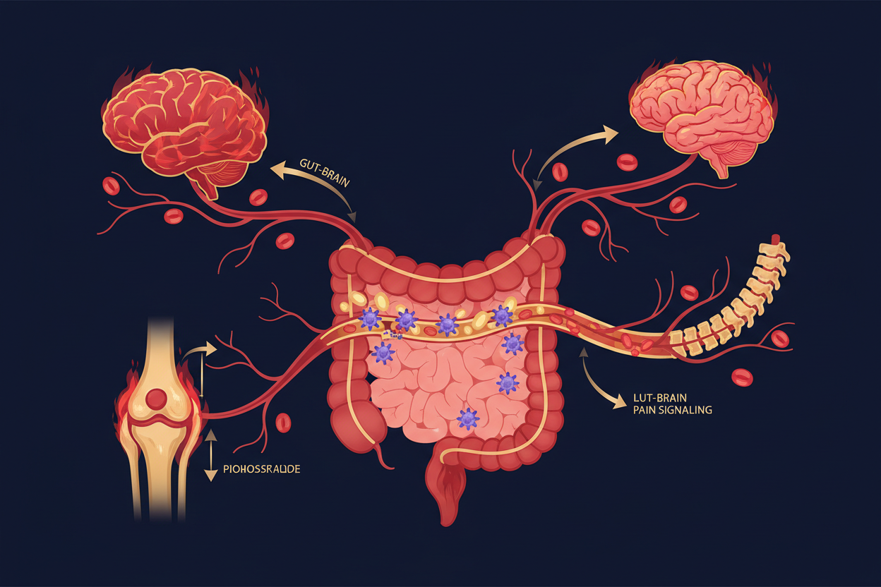 Illustration of the gut-pain axis showing disrupted gut barrier with LPS translocation to joints, spine, and brain
