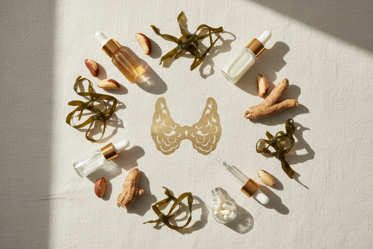 Flat lay of thyroid-supportive supplements including Brazil nuts, kelp, and ashwagandha root on cream linen