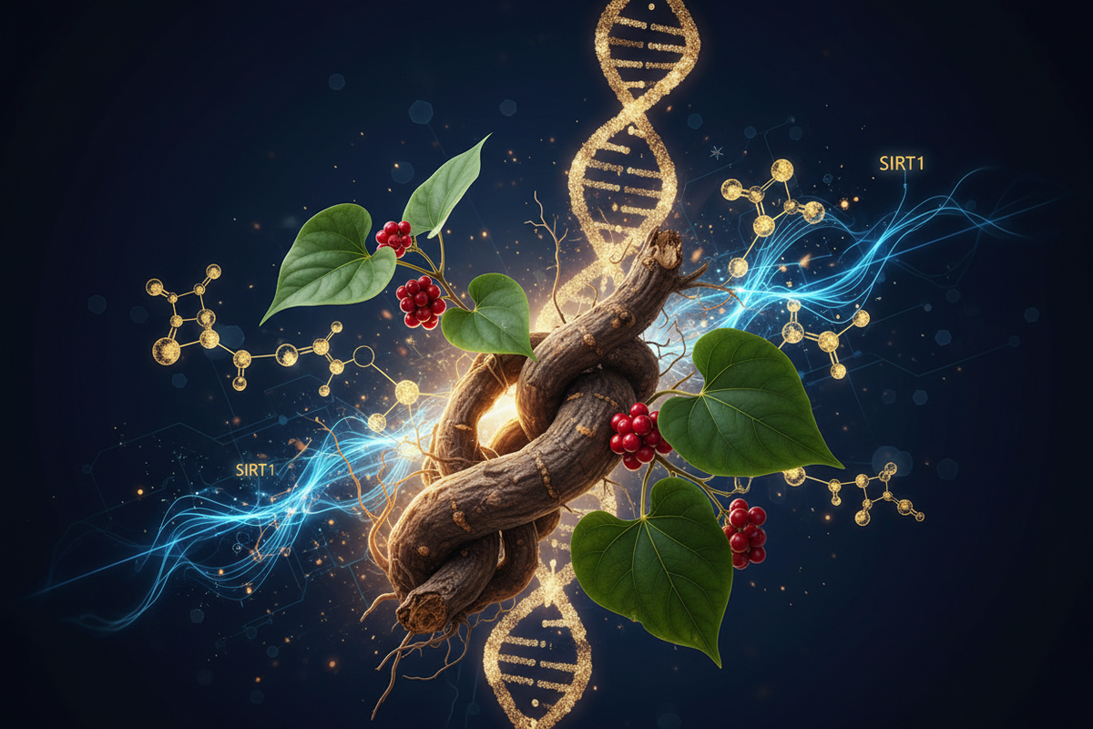 He Shou Wu Polygonum multiflorum root with telomere and SIRT1 longevity pathway illustration on dark navy background