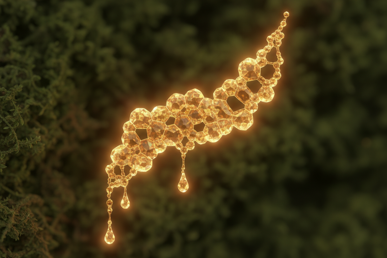 glowing ascorbic acid crystals and molecular lattice in citrus-gold and amber against deep forest green