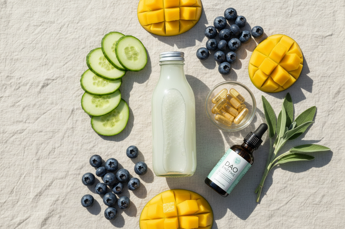 resh low-histamine foods, cucumber, blueberries, mango, and DAO enzyme in aqua, sage, and cream.