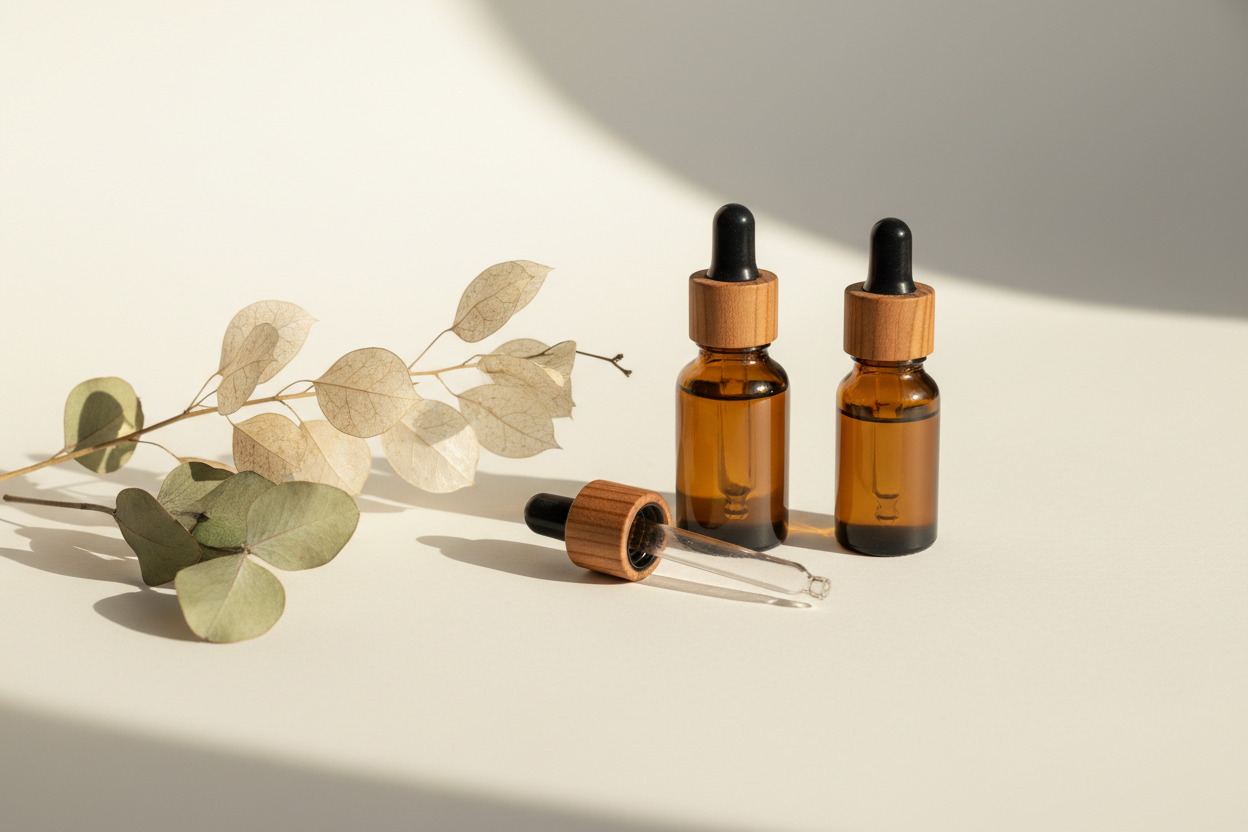 Amber glass dropper bottles with dried botanicals representing natural hormone support and holistic wellness