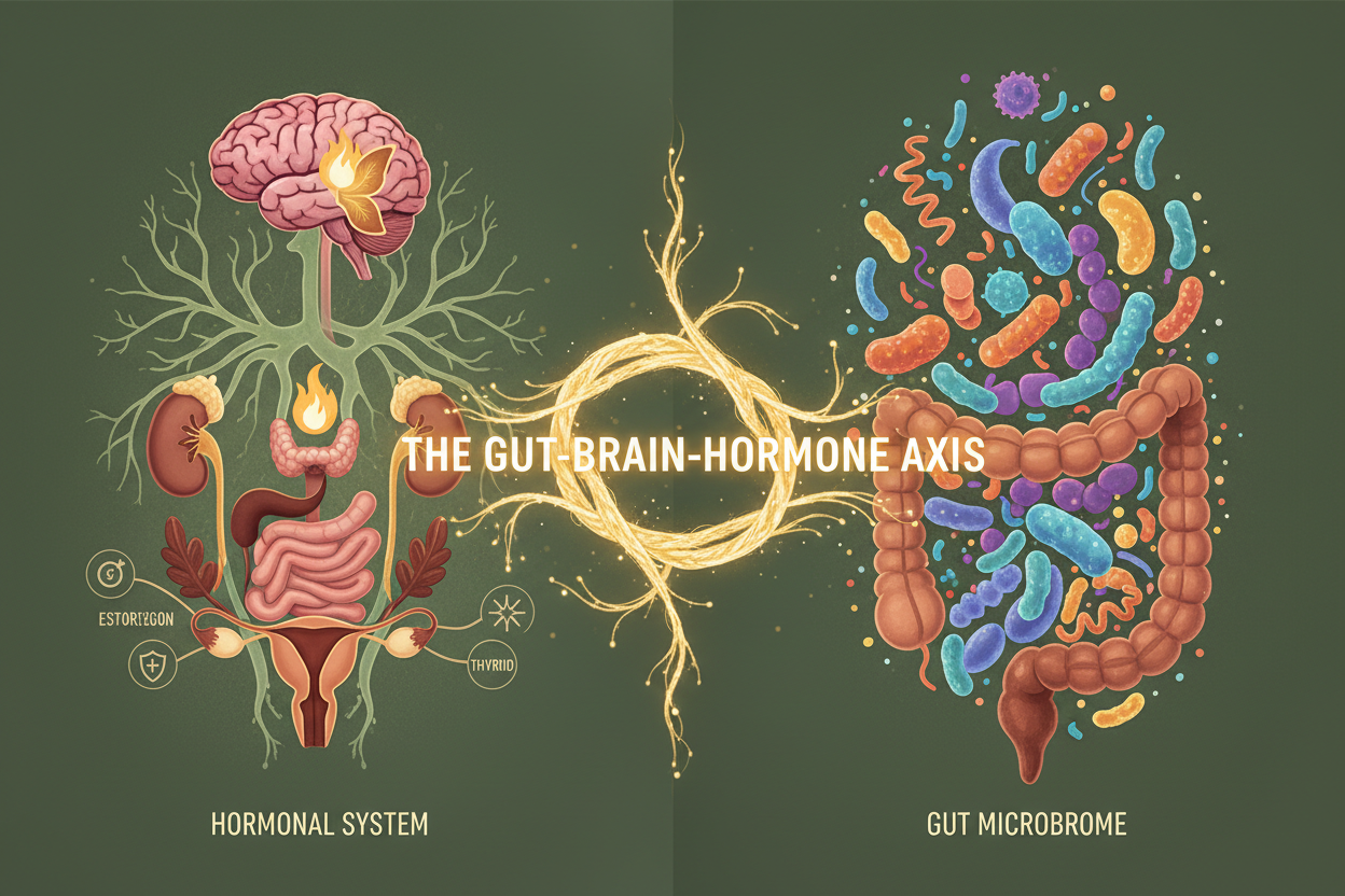 Illustration of hormonal system and gut microbiome connected by glowing neural pathways representing the gut-hormone axis