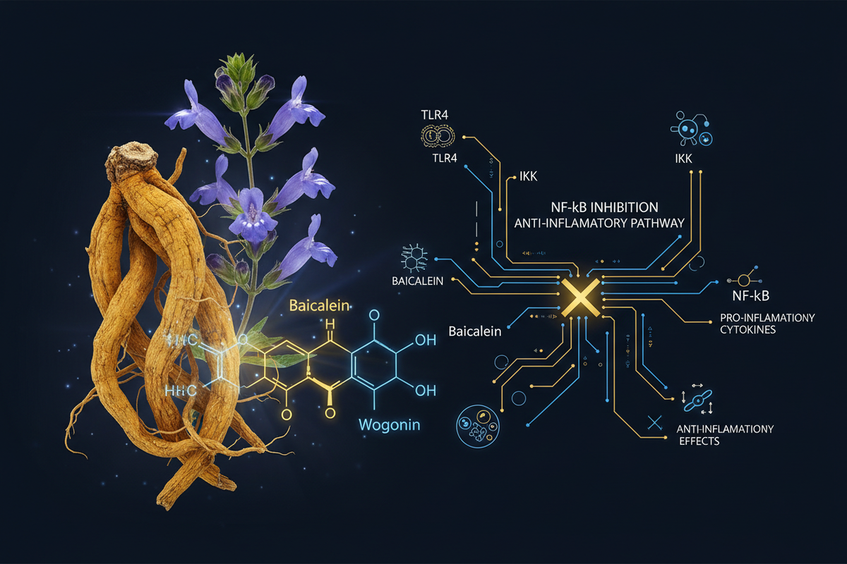Huang Qin Scutellaria baicalensis roots and flowers with baicalein molecular structures and NF-kB pathway on dark navy background