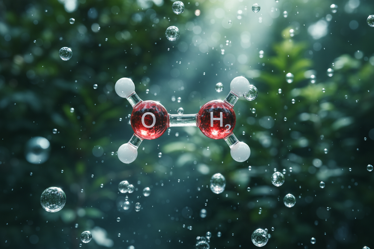oxygen bubbles and H₂O₂ molecules in soft blue and white on forest green.