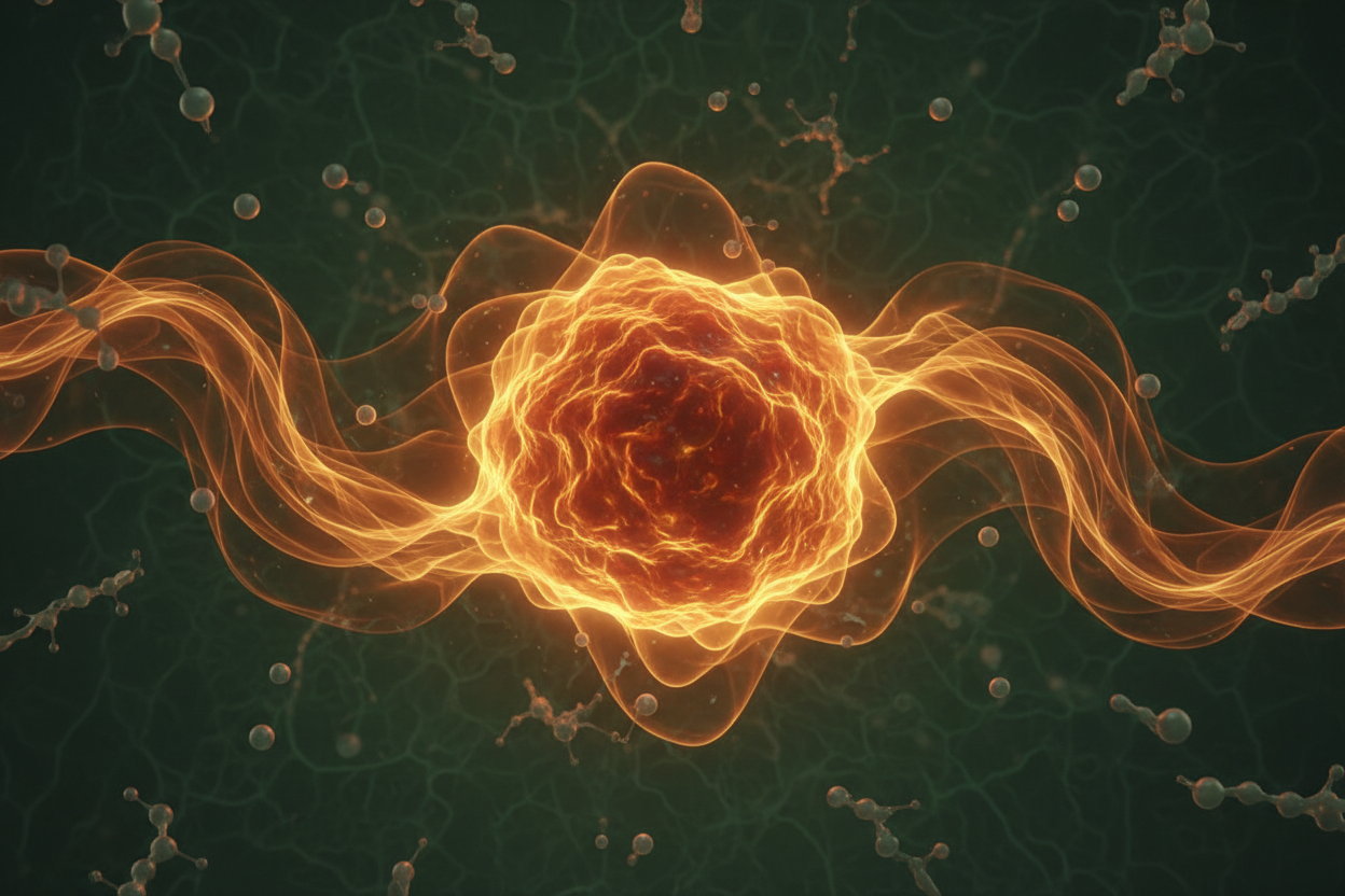 hermal heat waves and amber/gold radiation surrounding a cellular structure on deep forest green.