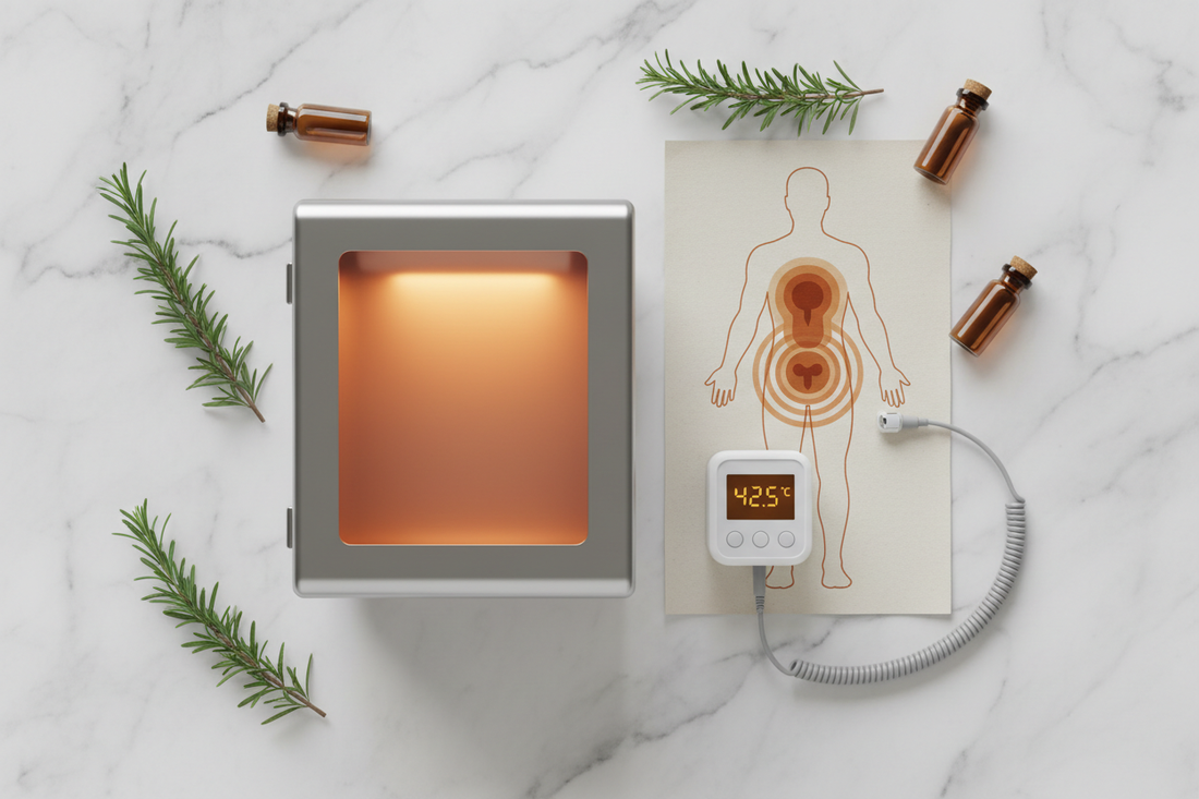 Editorial flat lay of infrared hyperthermia cabinet with amber glow, medical temperature monitor, amber vials, and rosemary sprigs on white marble — Hyperthermia Therapy guide by Holistic Healing LLC