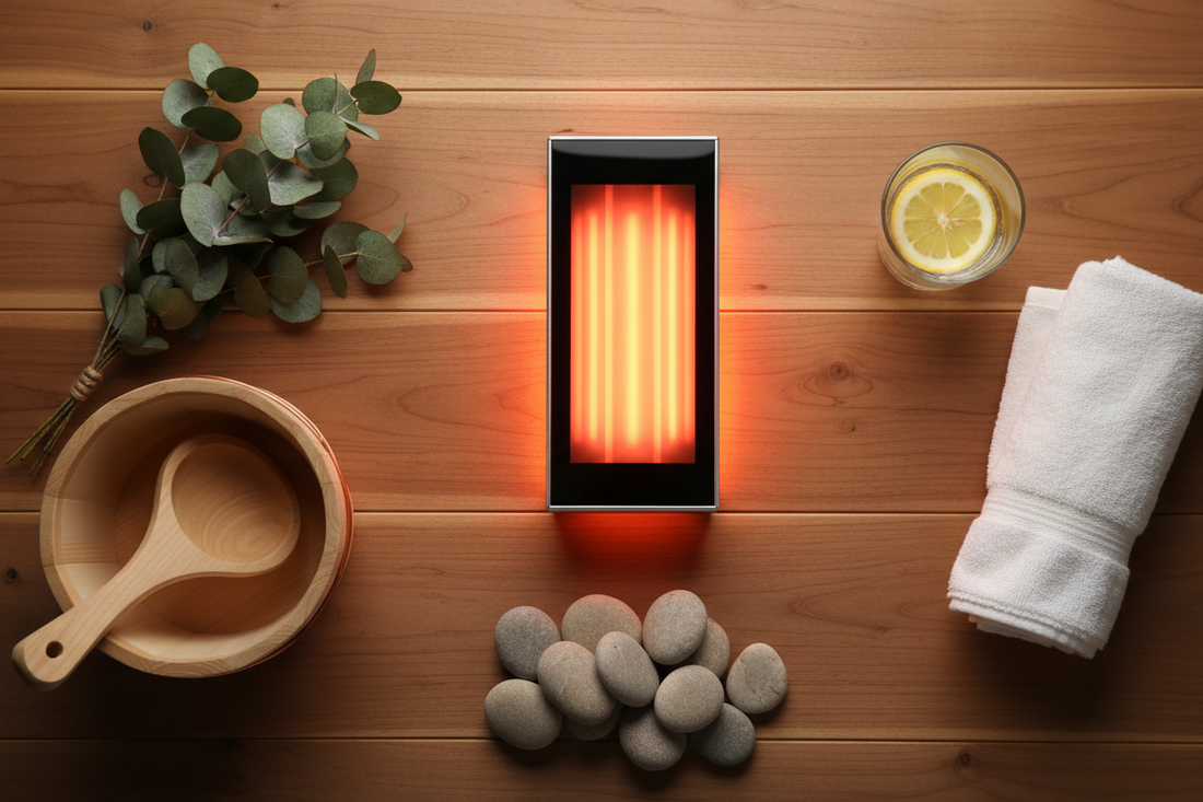 Editorial flat lay of infrared sauna panel with amber glow, wooden sauna ladle, eucalyptus bundle, river stones, and lemon water on cedar wood surface — Infrared Sauna Therapy guide by Holistic Healing LLC