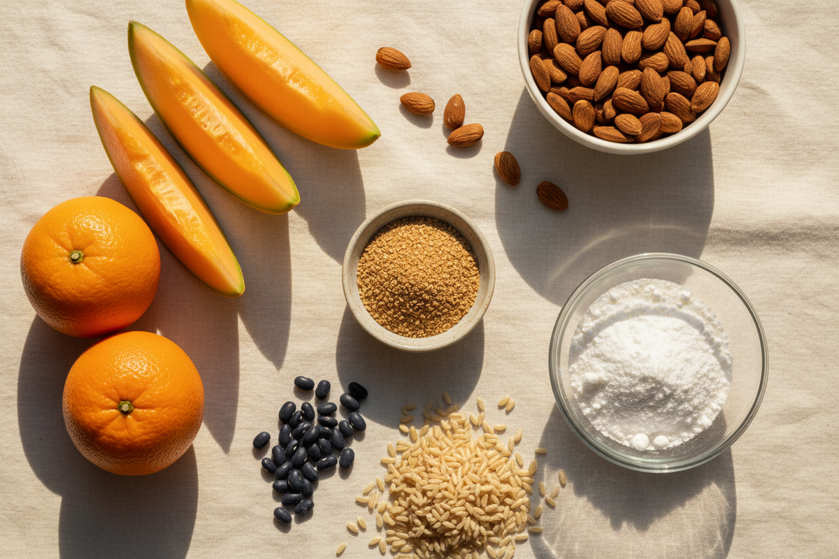 inositol-rich foods including cantaloupe, oranges, wheat germ, beans, and almonds on cream linen surface