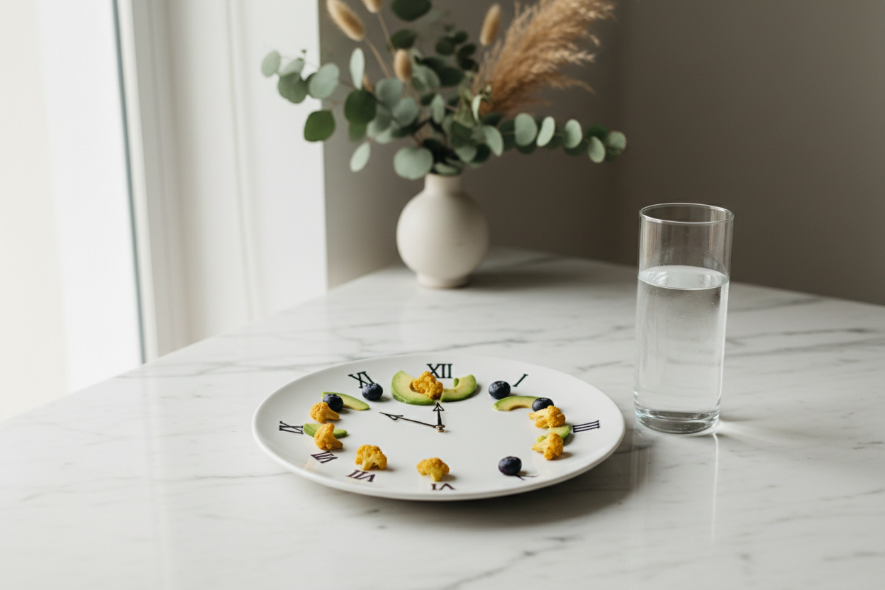 Clean white plate with clock motif and water glass representing intermittent fasting time-restricted eating