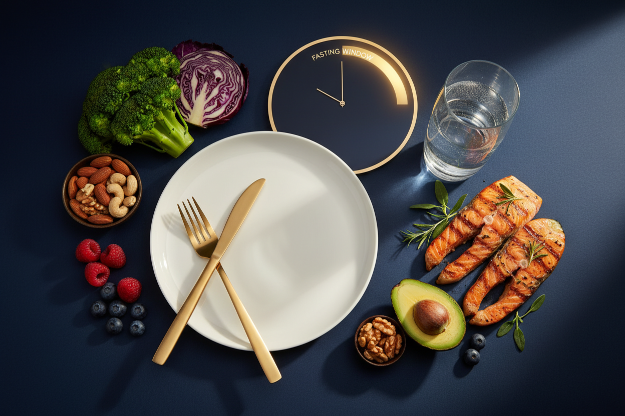 Intermittent fasting concept with clean plate, utensils, water glass, clock and nutrient-dense whole foods on a dark navy background