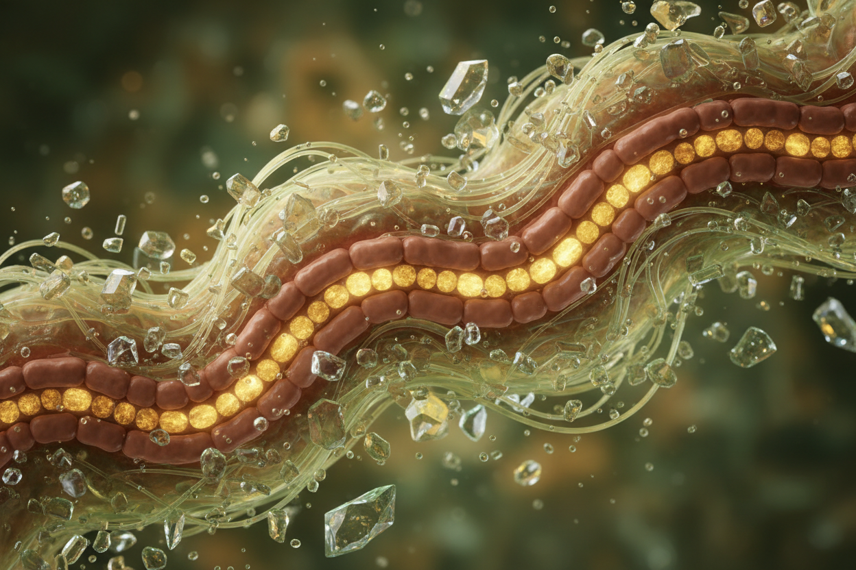 Microscopic view of healthy intestinal tight junctions surrounded by healing nutrients including collagen, zinc, and aloe vera