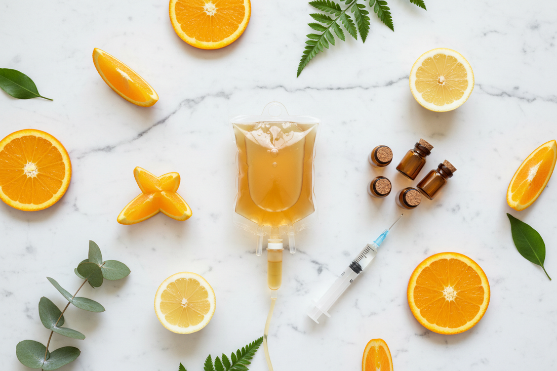 Editorial flat lay of IV drip bag with golden liquid, sliced citrus, amber vials, and botanical leaves on white marble — IV Vitamin C guide by Holistic Healing LLC