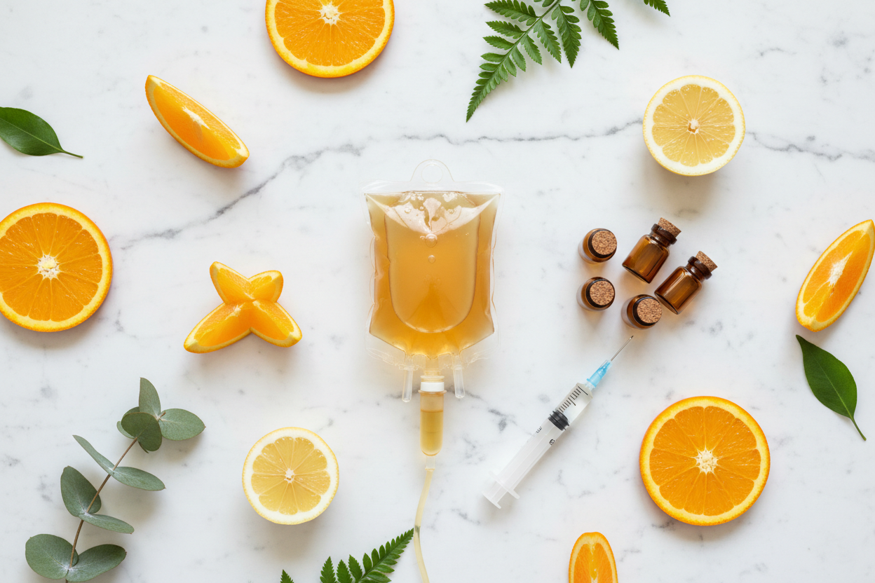 Editorial flat lay of IV drip bag with golden liquid, sliced citrus, amber vials, and botanical leaves on white marble — IV Vitamin C guide by Holistic Healing LLC