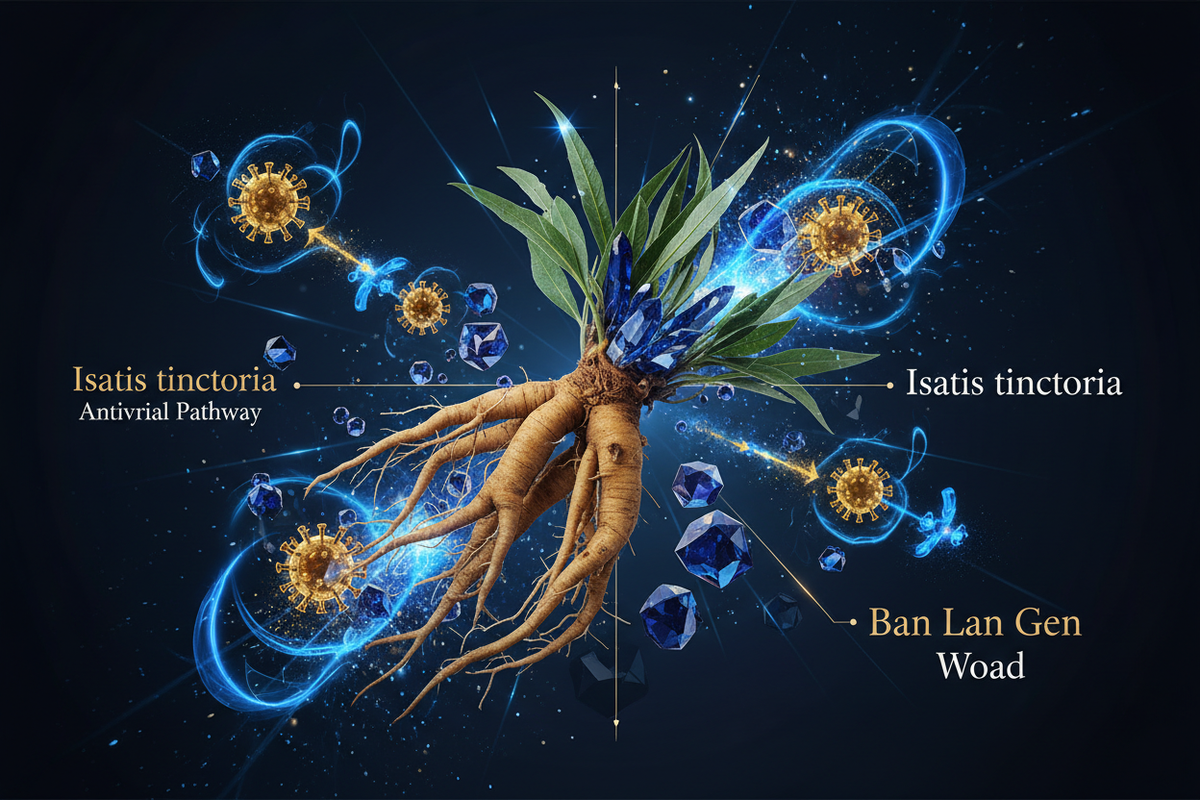 Isatis Ban Lan Gen root with antiviral pathway and indigo pigment molecular structures on dark navy background