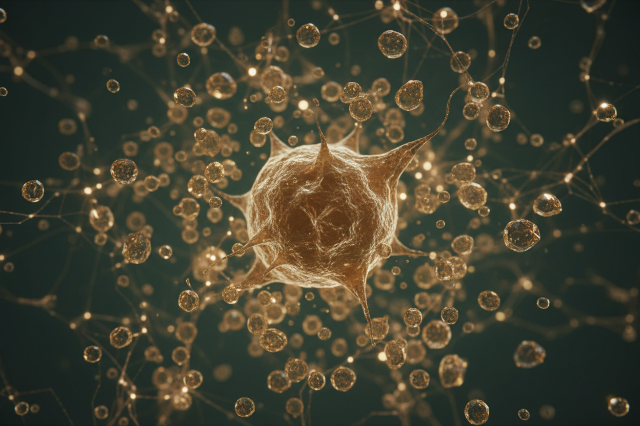 abstract tumor cell in a glucose-depleted environment surrounded by ketone molecules, deep forest green with amber and gold tones. 