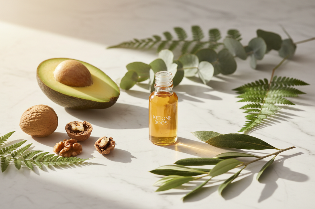 Golden ketone bottle with botanicals on white marble representing BHB and therapeutic ketosis