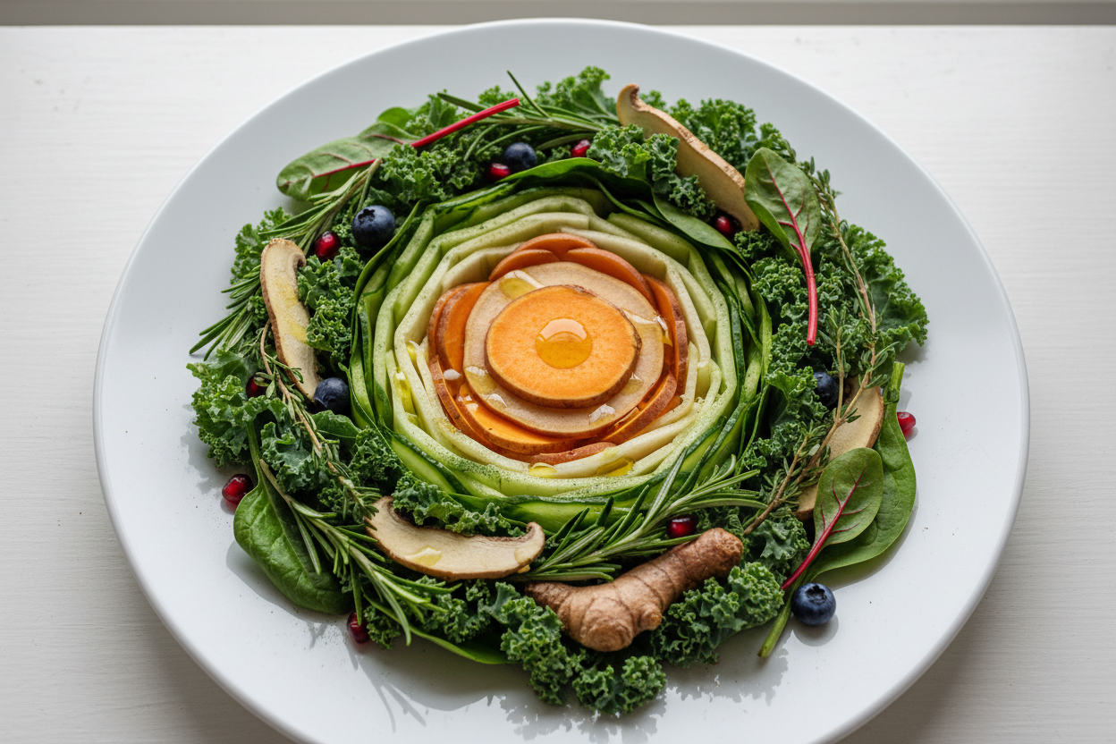Fresh vegetables and healing botanicals representing gut health, intestinal permeability, and leaky gut repair