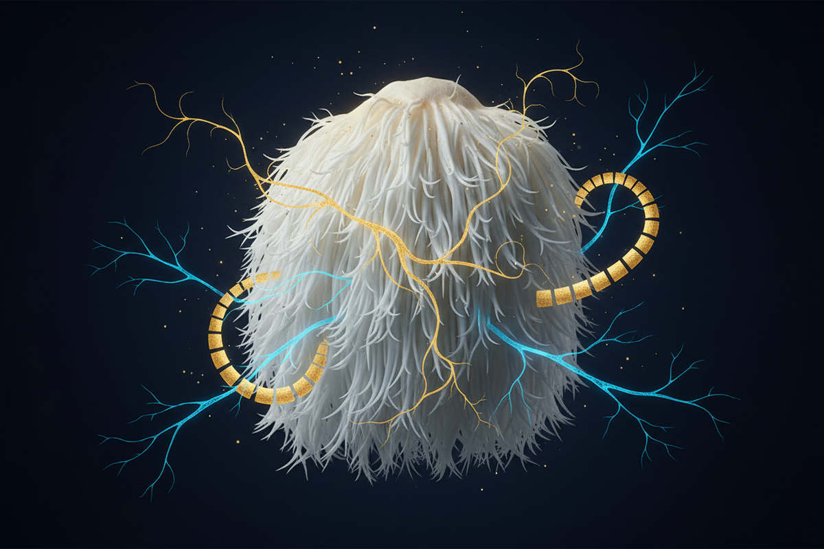 Lion's Mane mushroom with nerve growth factor pathway and neuron branching illustration on dark navy background