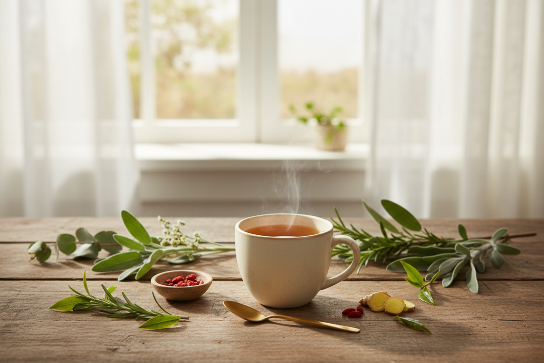 Soft morning light on botanicals and herbal tea representing Long COVID recovery and holistic healing