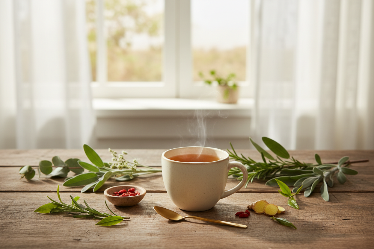 Soft morning light on botanicals and herbal tea representing Long COVID recovery and holistic healing