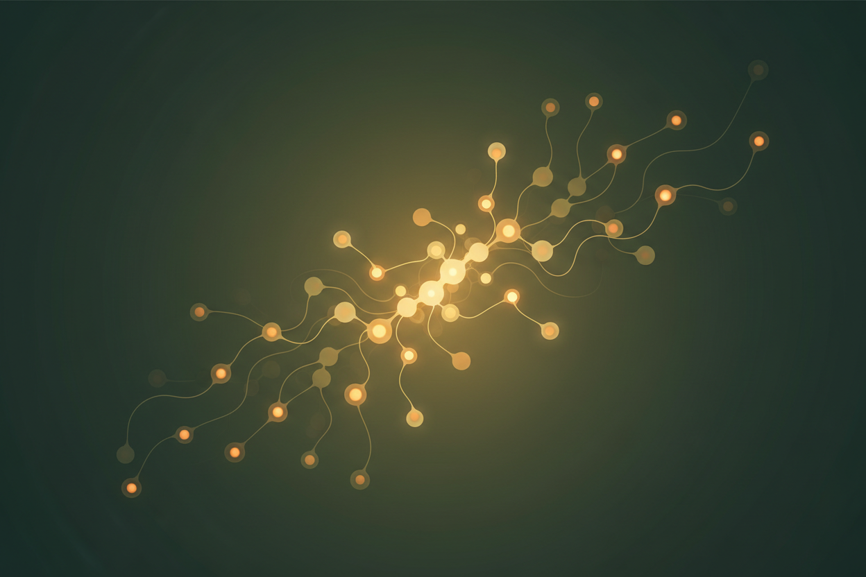 Dark forest green background with glowing neural/molecular network nodes suggesting immune activation and brain-body connection — earthy green and amber tones, 