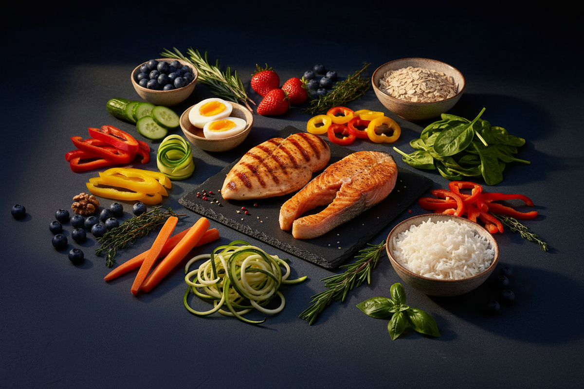 Low-FODMAP diet foods including grilled chicken, salmon, eggs, colorful vegetables, berries, rice, oats and walnuts on a dark navy background