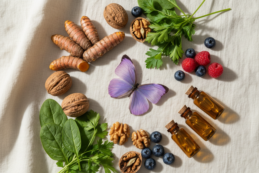 soft purple butterfly with turmeric, walnuts, berries, and botanicals in lavender, sage, and cream