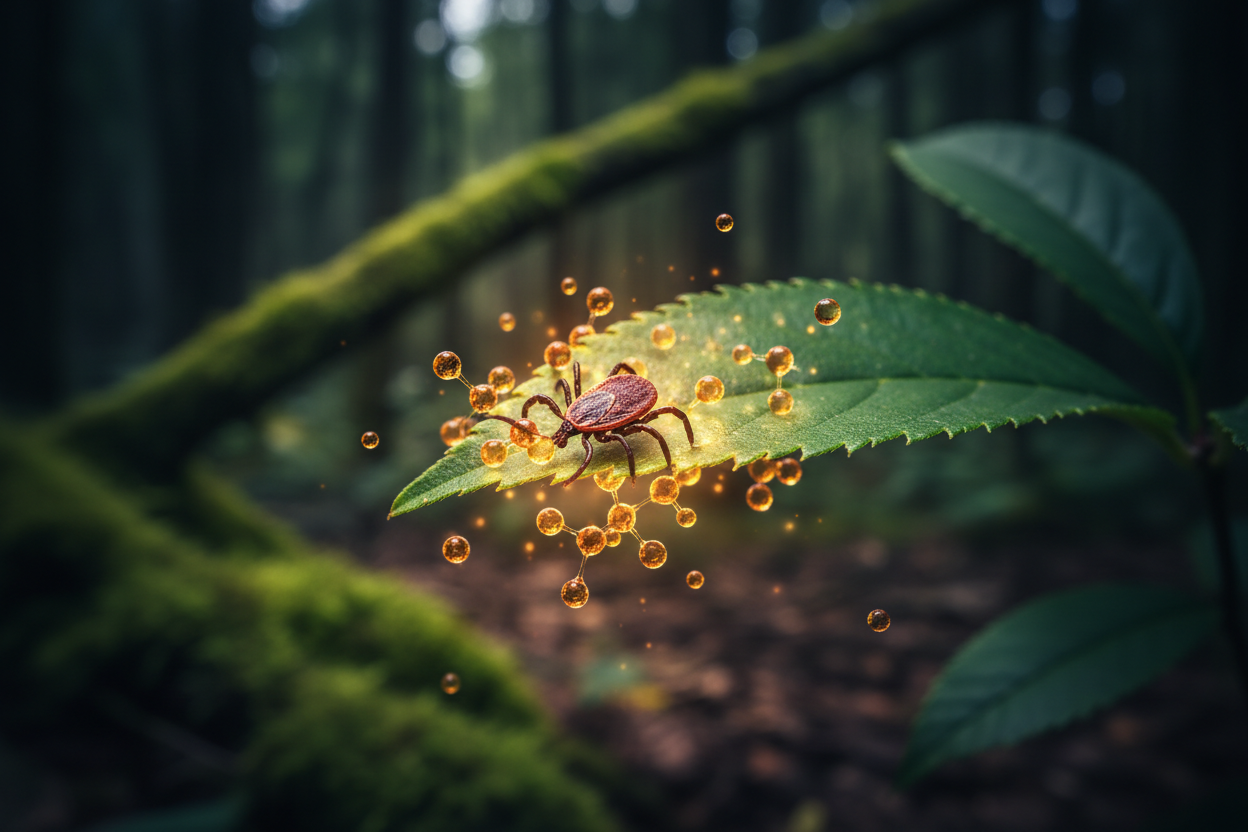 deer tick on a green leaf with glowing antimicrobial molecules on forest green. 