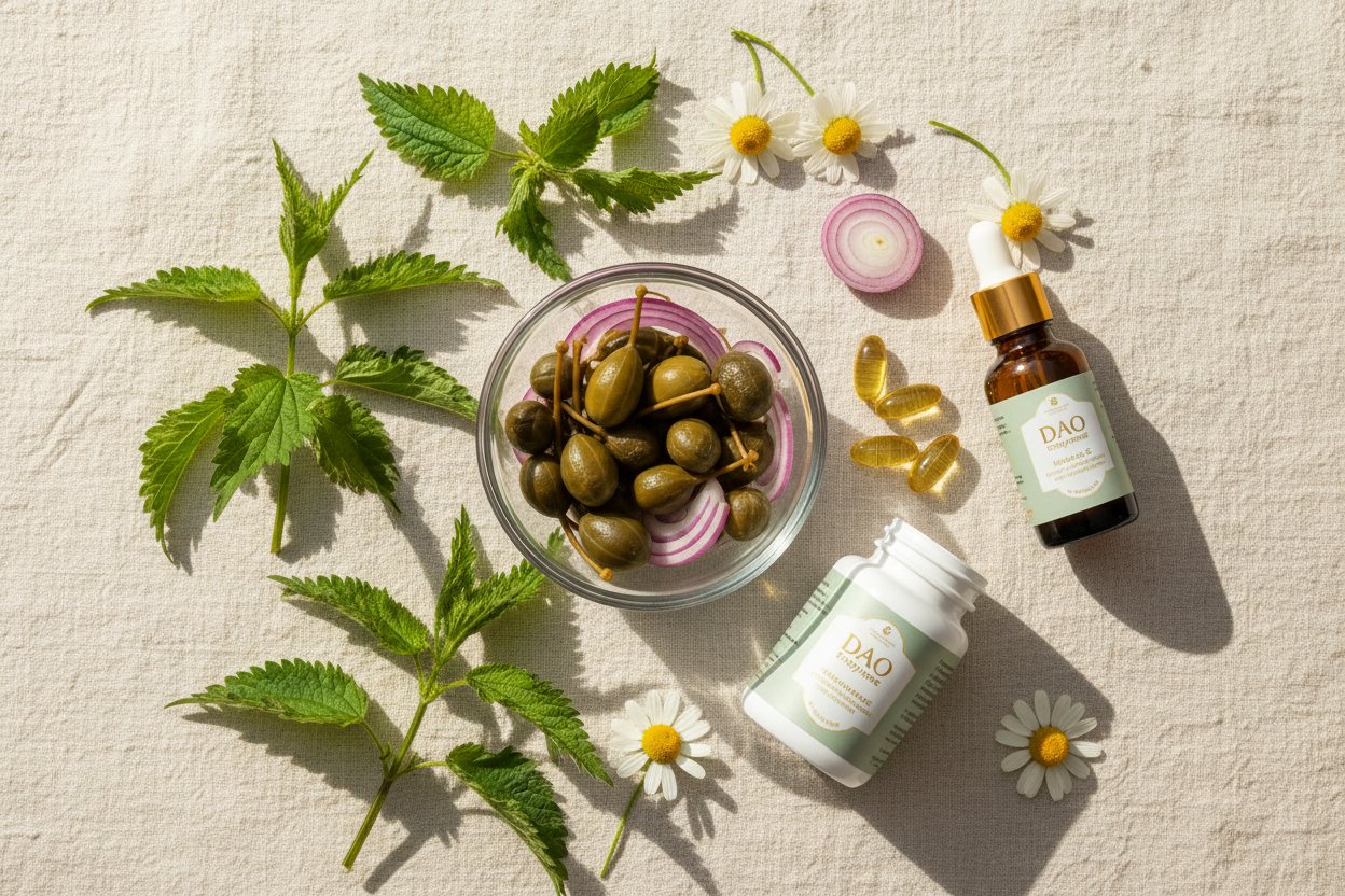 quercetin-rich foods, nettle, vitamin C, DAO enzyme, and chamomile in soft gold, sage, and cream