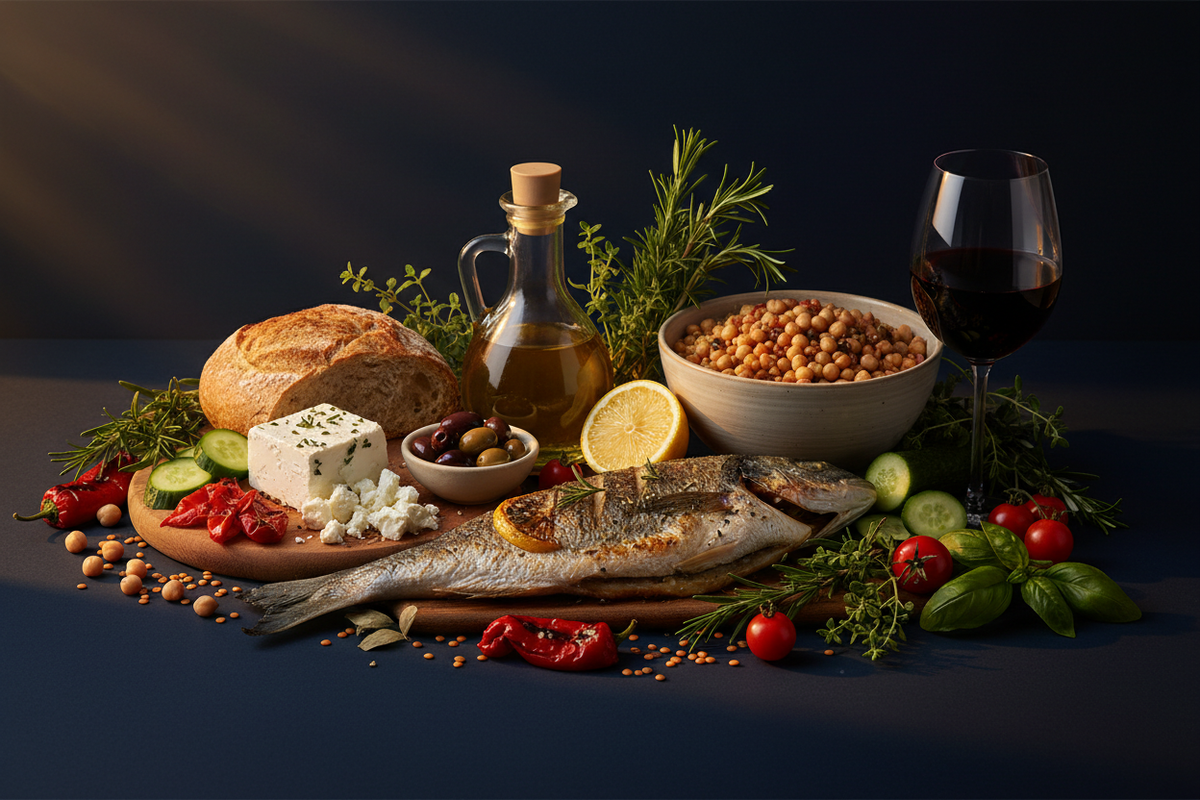 Mediterranean diet foods including fresh fish, olive oil, tomatoes, olives, feta, legumes and fresh herbs on a dark navy background