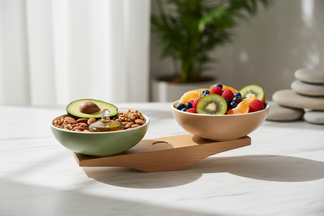 Balanced composition of healthy fats and fresh fruit on white marble representing metabolic flexibility