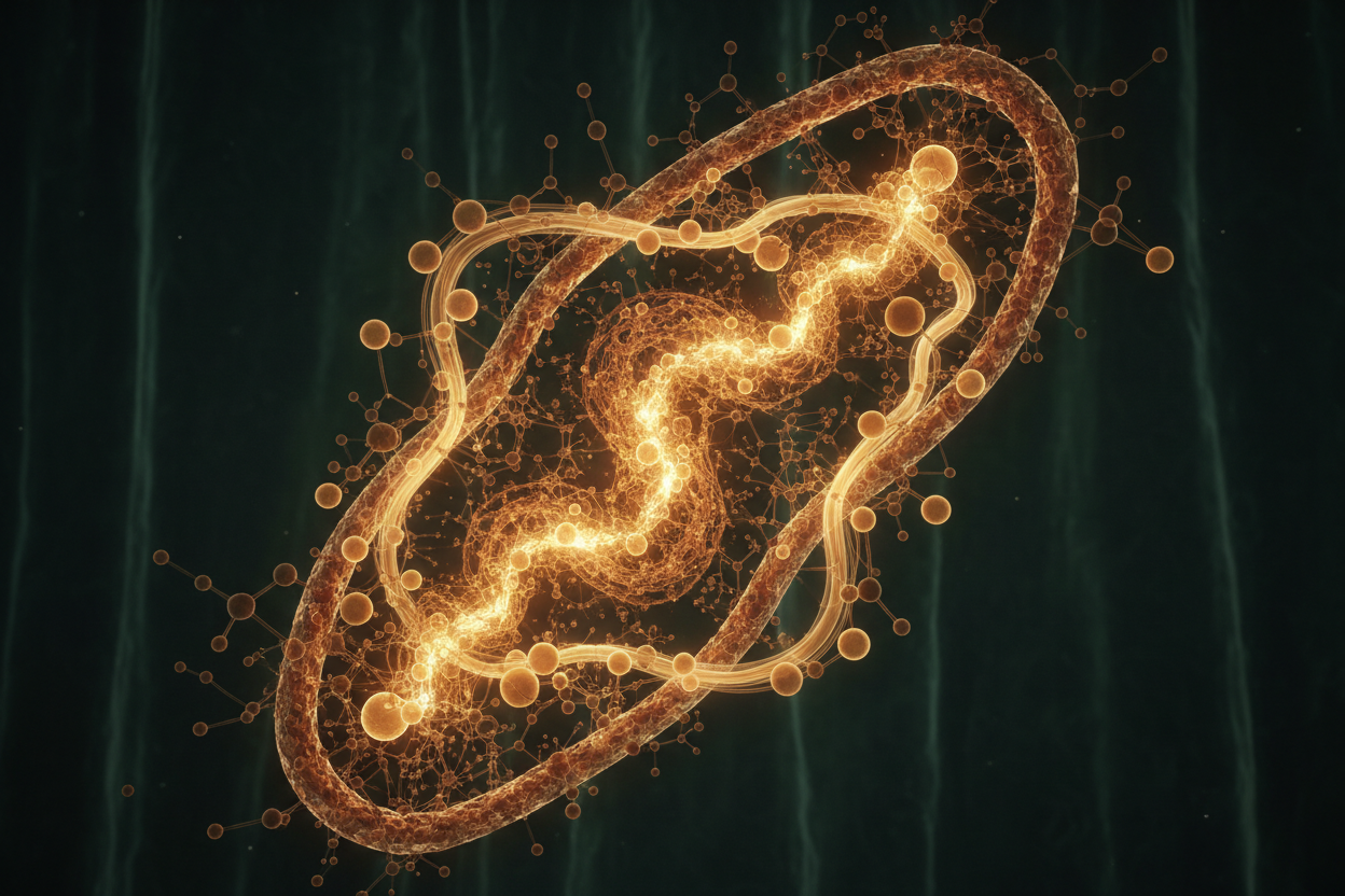  glowing mitochondrial/cellular structure with amber and gold energy nodes against deep forest green, cinematic and premium