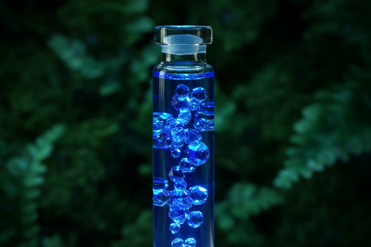 vivid cobalt and sapphire blue methylene blue vial on deep forest green