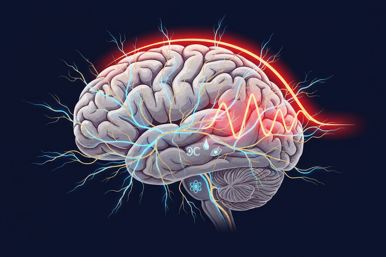 Illustration of trigeminal nerve network and cortical spreading depression in migraine