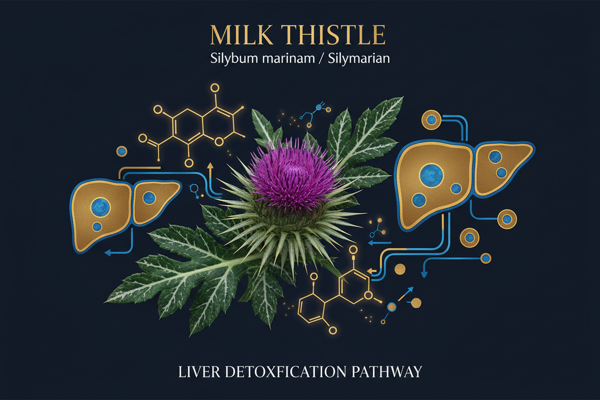 Milk thistle purple flower with silymarin molecular structures and liver hepatocyte illustration on dark navy background