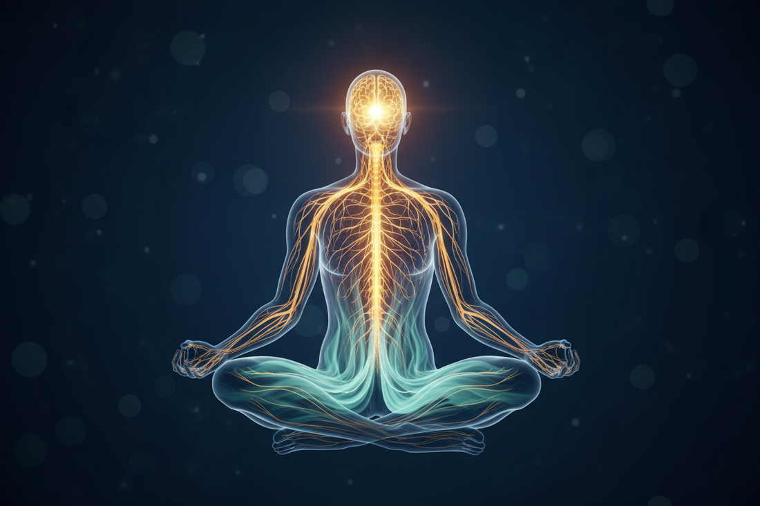 Meditating silhouette with luminous gold nerve pathways on a dark navy background representing mind-body medicine for chronic pain