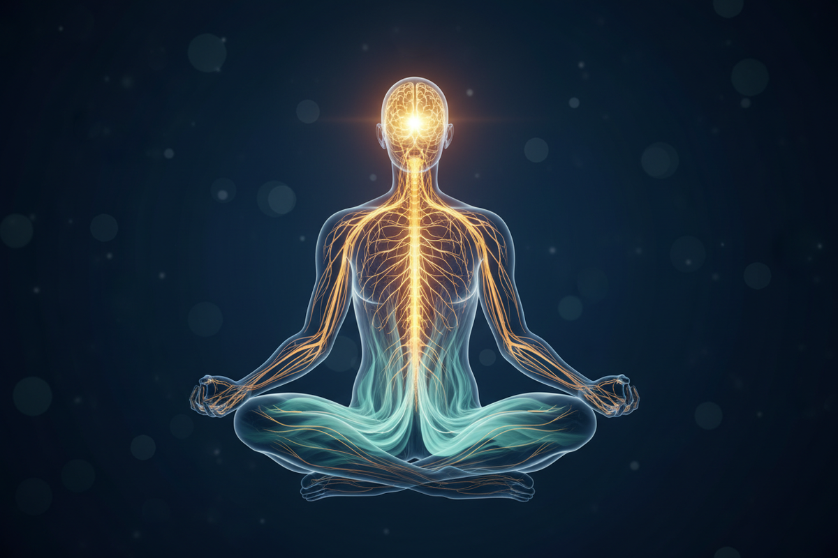 Meditating silhouette with luminous gold nerve pathways on a dark navy background representing mind-body medicine for chronic pain