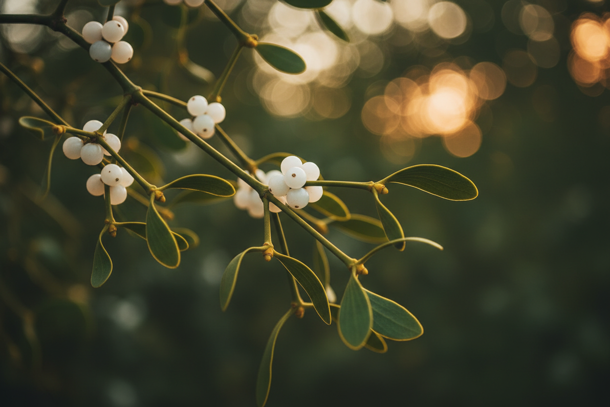 lose-up mistletoe branches with white berries, deep forest green background, amber and gold bokeh light