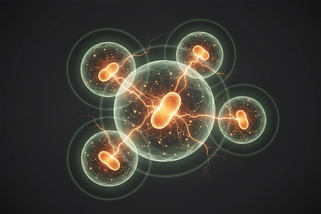 Abstract visualization of glowing mitochondria representing cellular energy and mitochondrial health