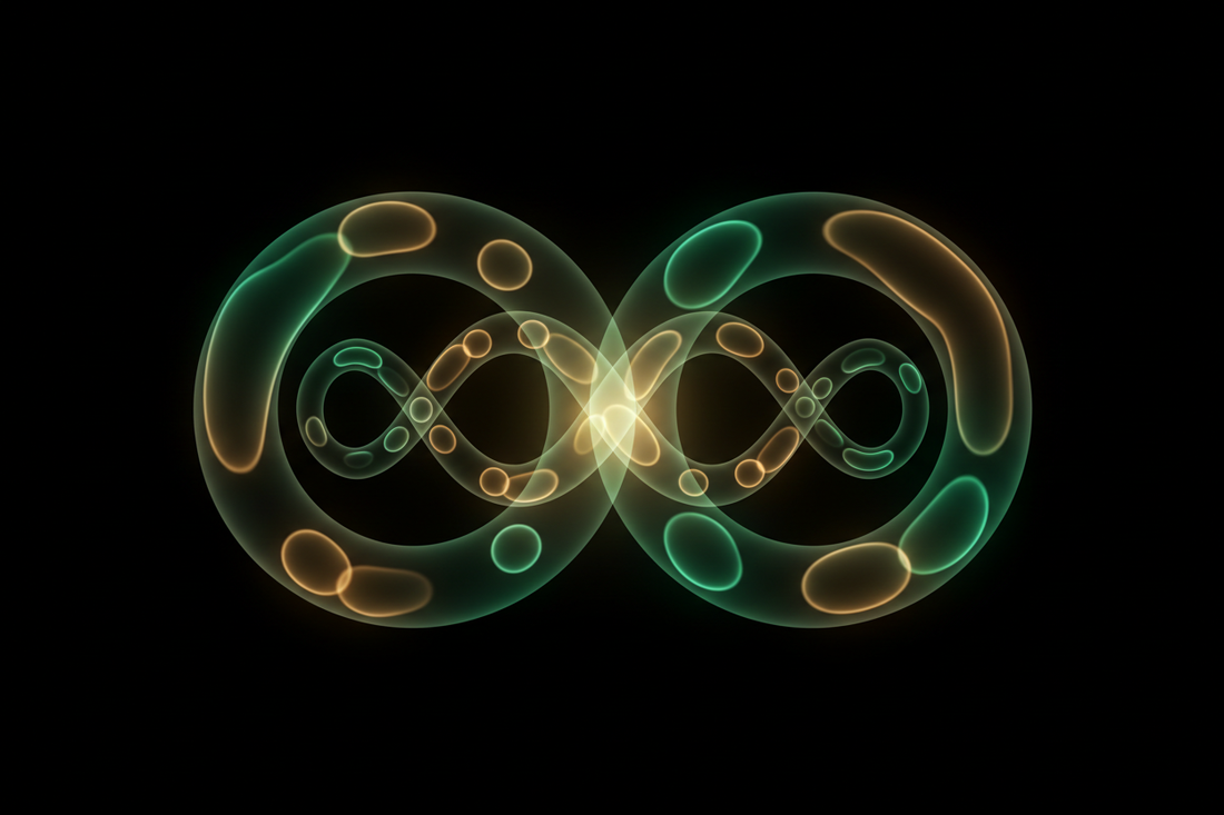 Bioluminescent green and gold energy cell structures representing mitophagy and mitochondrial renewal