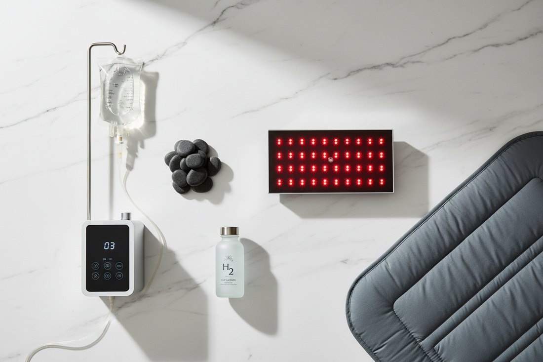 Flat lay of advanced healing therapy tools including red light panel, IV drip, ozone equipment, and sauna stones on white marble — integrative medicine guide by Holistic Healing LLC