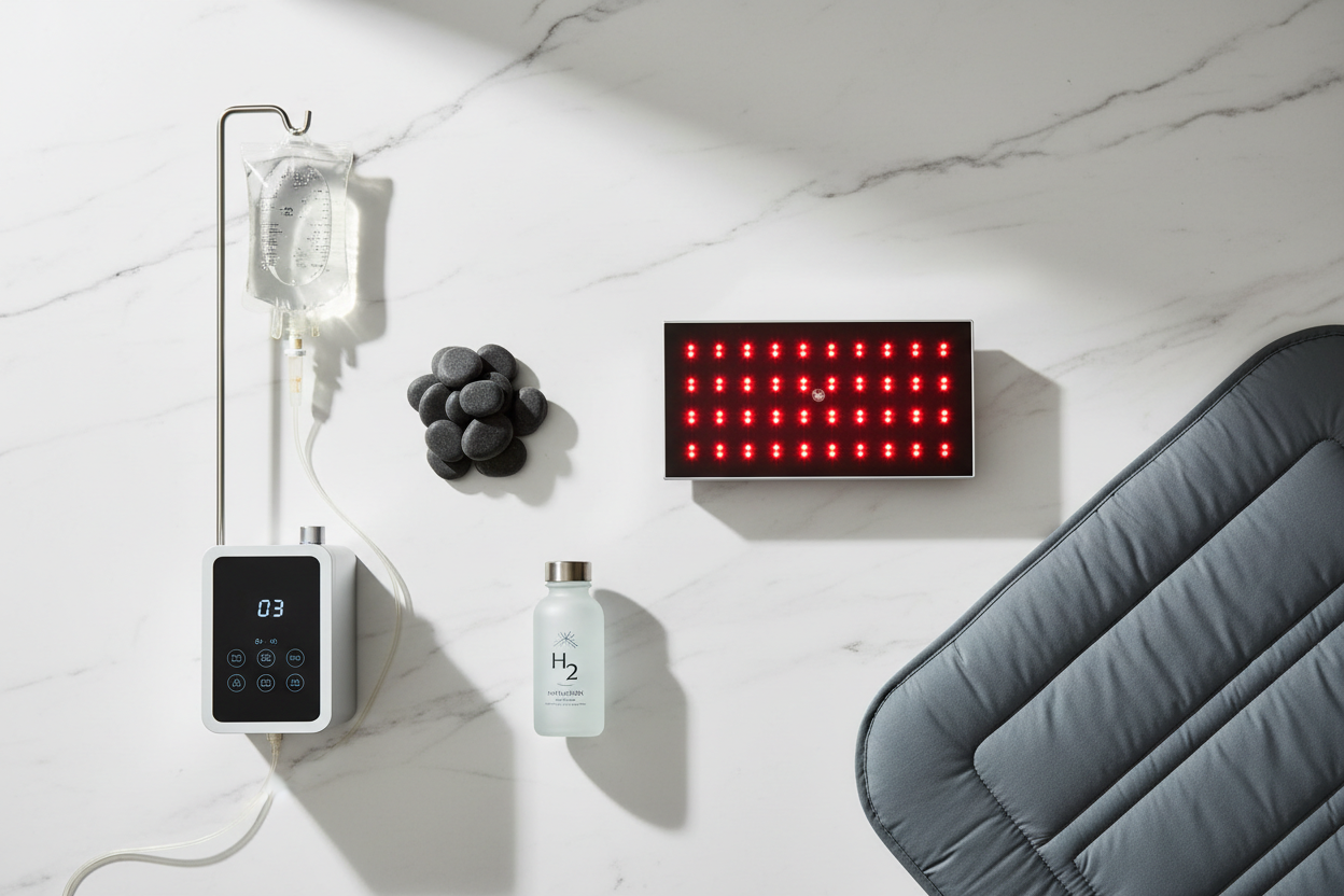 Flat lay of advanced healing therapy tools including red light panel, IV drip, ozone equipment, and sauna stones on white marble — integrative medicine guide by Holistic Healing LLC