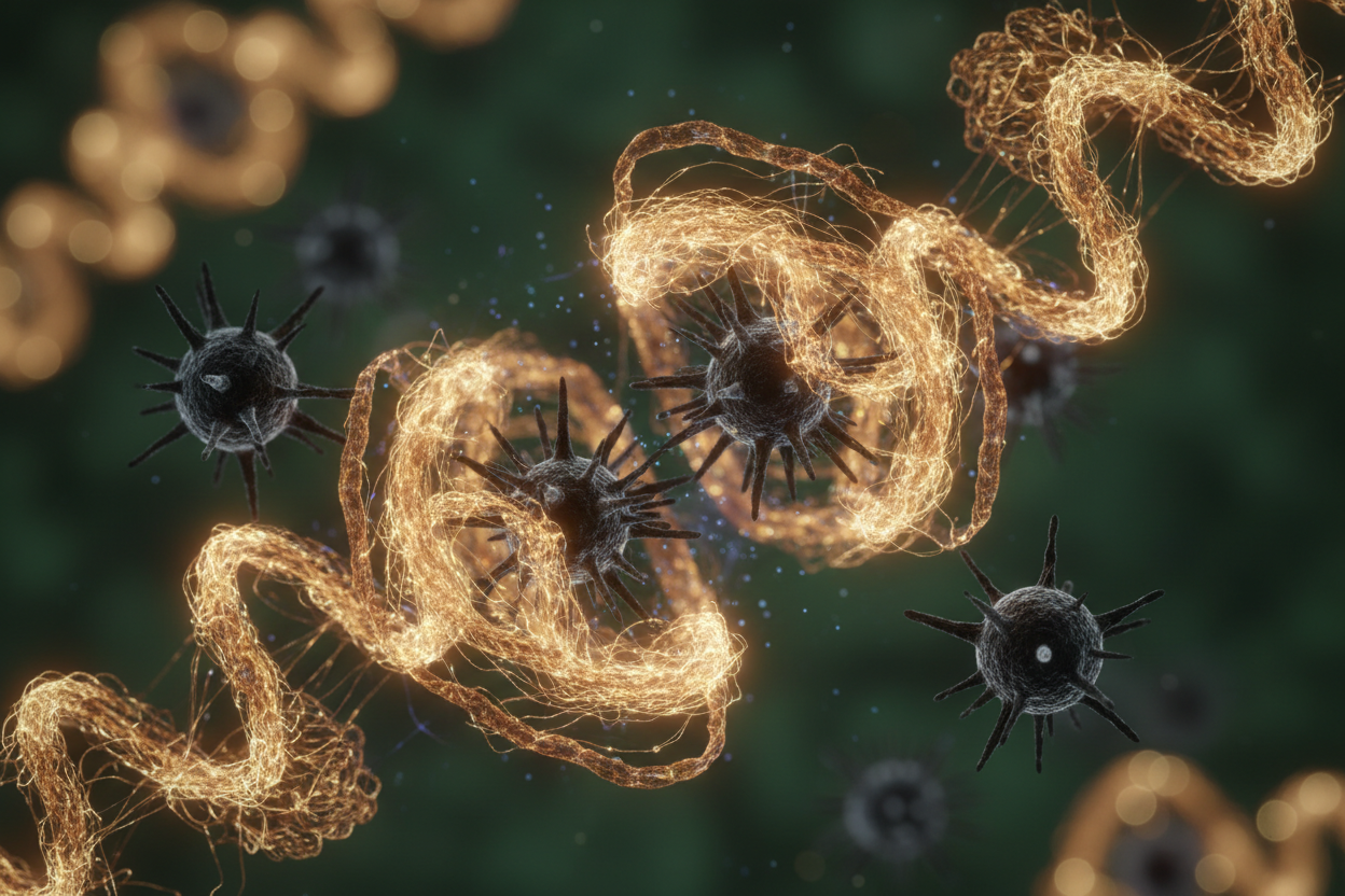 toxic mold spores being neutralized by glowing golden binder molecules on forest green.