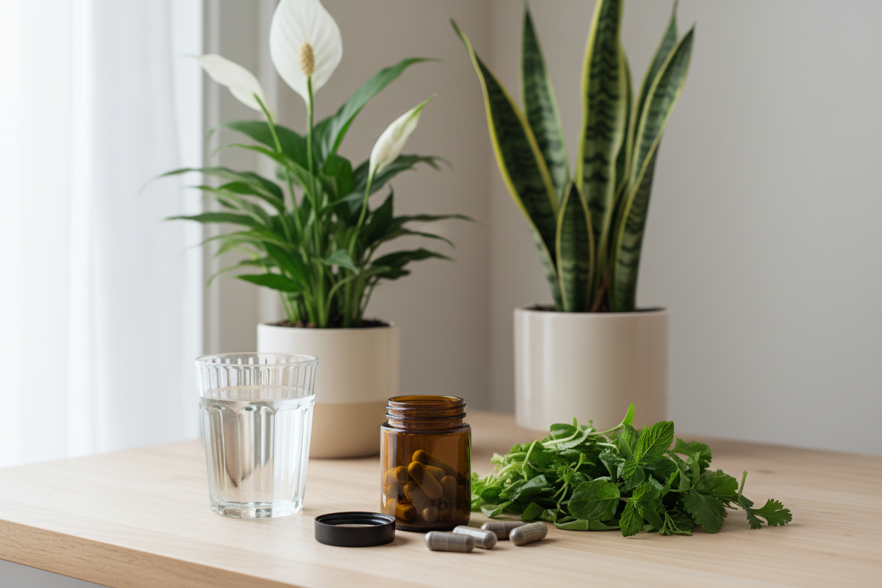 air-purifying plants, fresh green leaves, and a clean detox scene in deep green, charcoal, and warm cream
