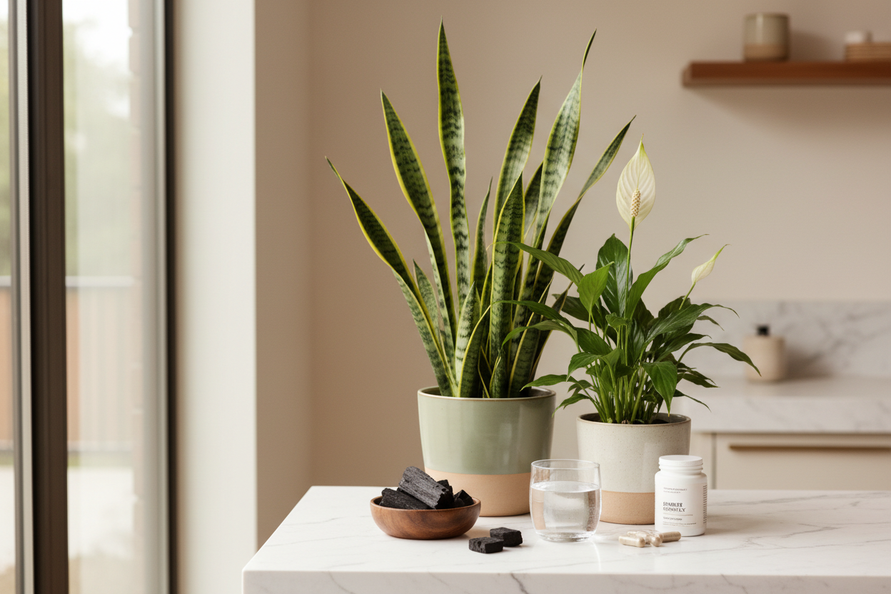 Air-purifying plants, activated charcoal, and clean water on white marble — natural mold detox support